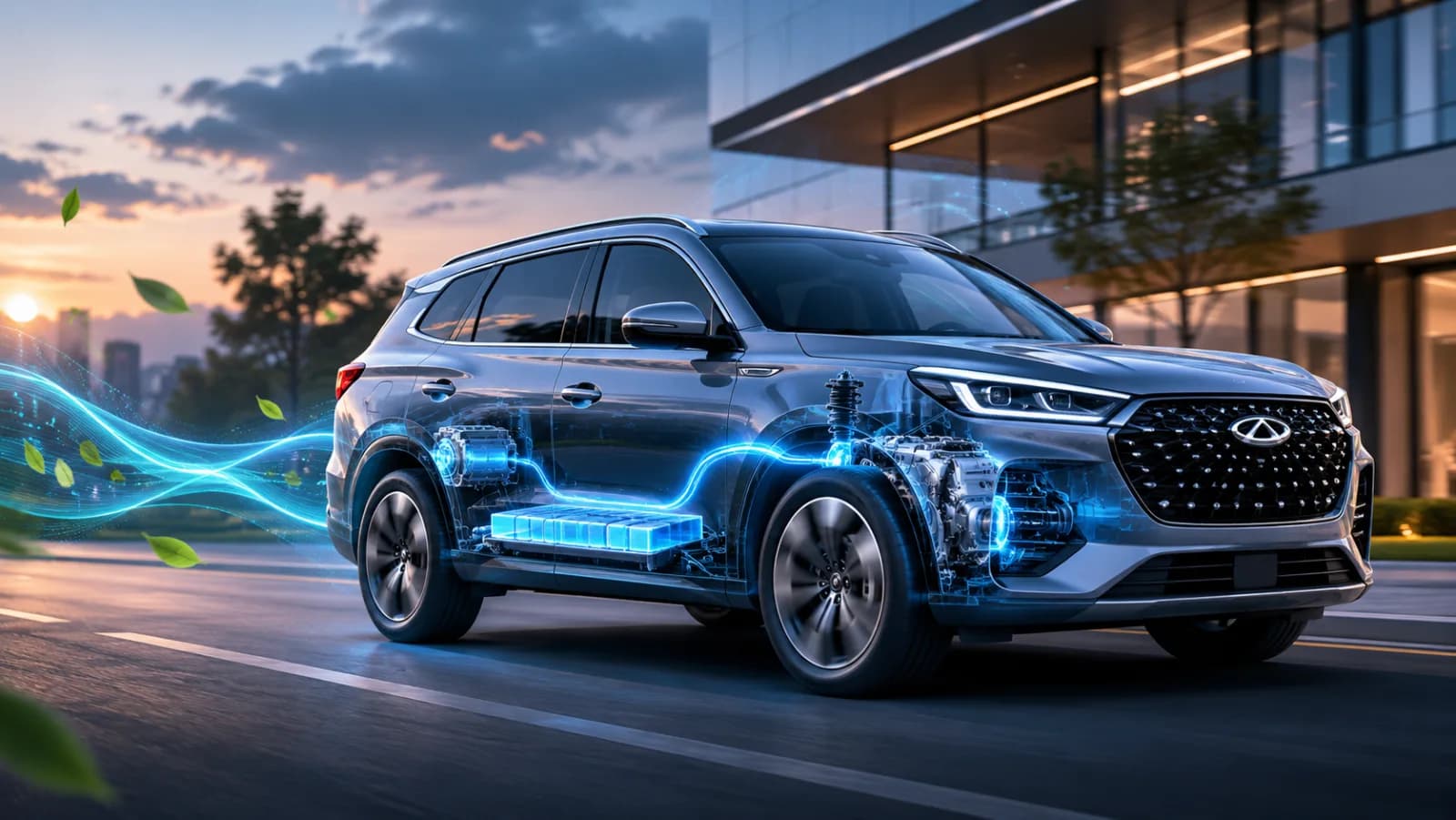Chery hibridni SUV u pokretu sa x-ray prikazom hibridnog pogona, baterije i motora